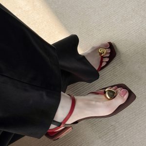 Genuine Leather Square Toe Metal Buckle Clip Toe Sandals for Women - Summer Elegant Low Heel One Strap Footwear