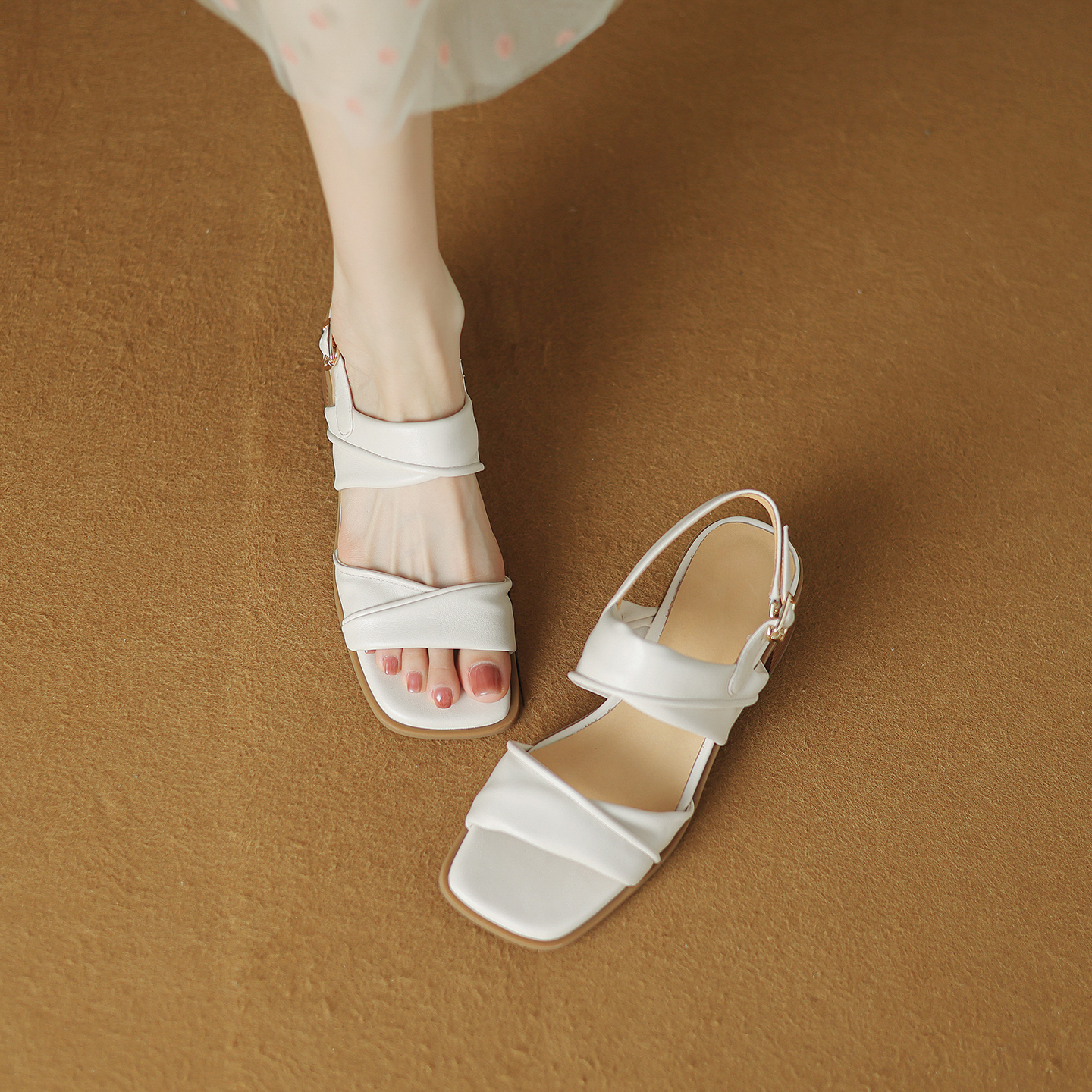 Genuine Leather Square-Toe Open-Toe Chunky High Heel Sandals for Women - Versatile Summer 2025 One-Strap Style Genuine Leather Square-Toe Open-Toe Chunky High Heel Sandals for Women - Versatile Summer 2025 One-Strap Style