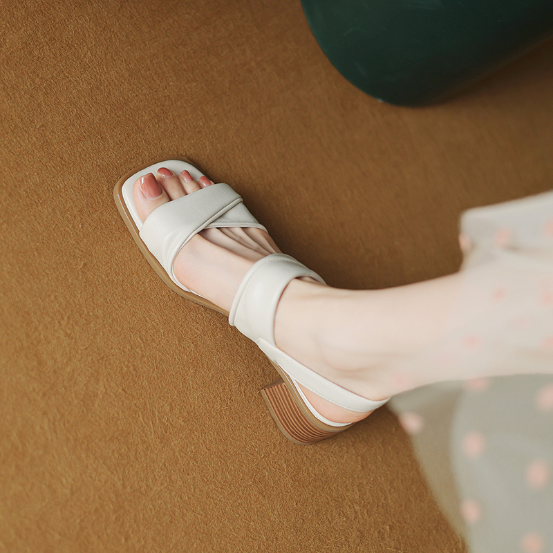 Genuine Leather Square-Toe Open-Toe Chunky High Heel Sandals for Women - Versatile Summer 2025 One-Strap Style Genuine Leather Square-Toe Open-Toe Chunky High Heel Sandals for Women - Versatile Summer 2025 One-Strap Style