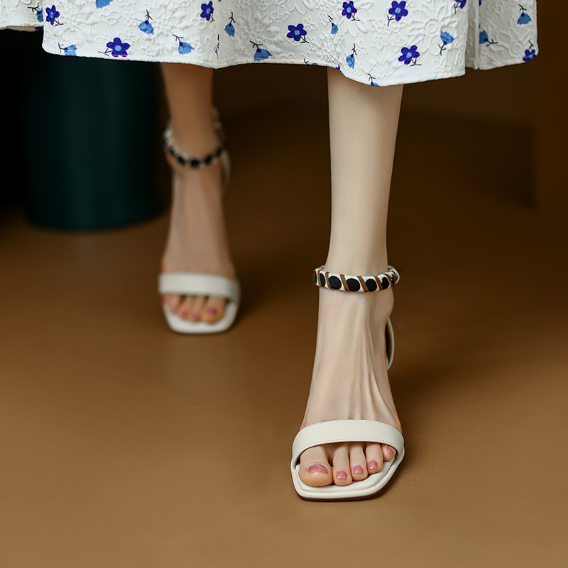 Genuine Leather Square-Toe Open-Toe Sandals for Women - Summer 2025 Mid-Heel One-Strap Design with Back Zipper in Stylish Versatile Look