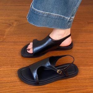 Genuine Leather Vacation Flat-Toe Sandals for Women - Side-Open Black Summer Shoes 2025, Lazy Chic Style