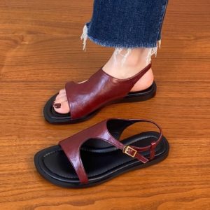 Genuine Leather Vacation Flat-Toe Sandals for Women - Side-Open Black Summer Shoes 2025, Lazy Chic Style