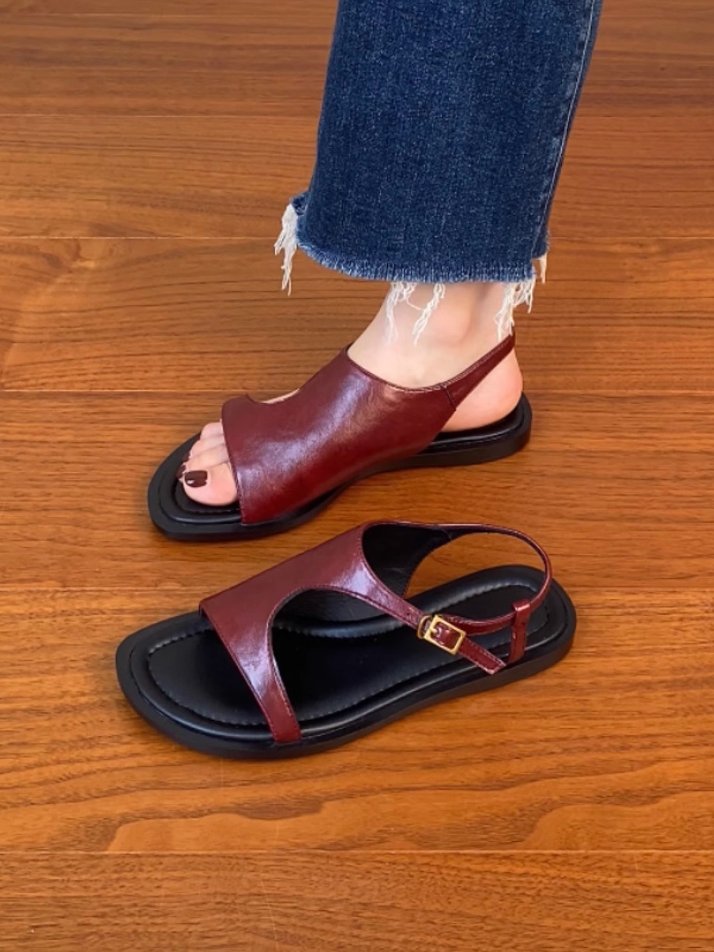 Genuine Leather Vacation Flat-Toe Sandals for Women - Side-Open Black Summer Shoes 2025, Lazy Chic Style Genuine Leather Vacation Flat-Toe Sandals for Women - Side-Open Black Summer Shoes 2025, Lazy Chic Style