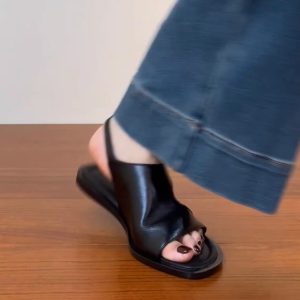 Genuine Leather Vacation Flat-Toe Sandals for Women - Side-Open Black Summer Shoes 2025, Lazy Chic Style