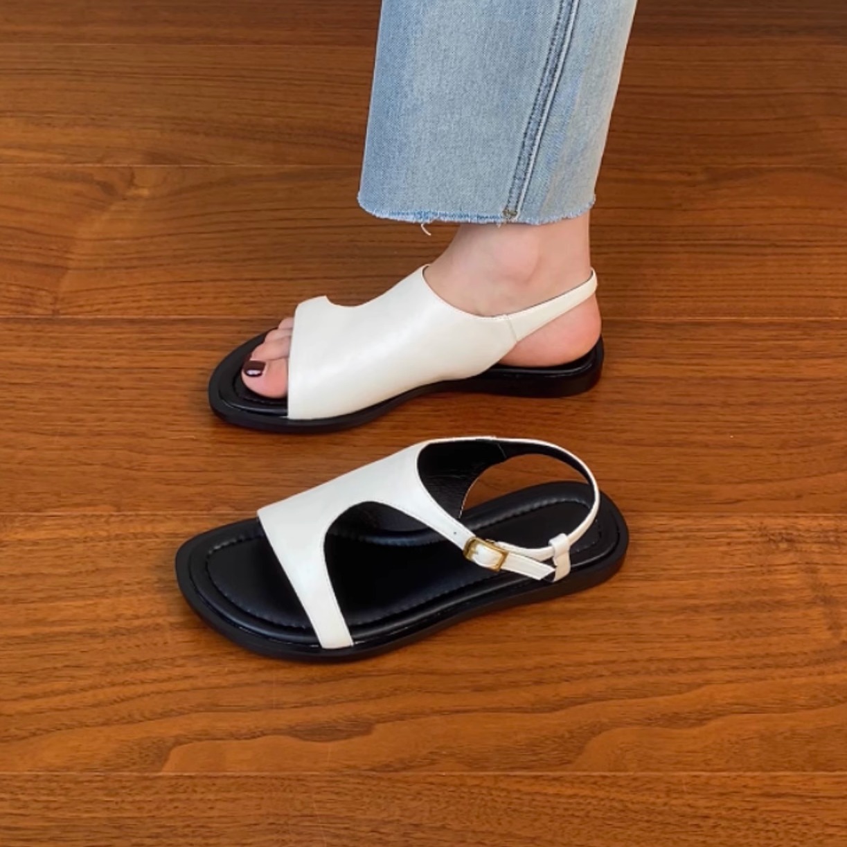 Genuine Leather Vacation Flat-Toe Sandals for Women - Side-Open Black Summer Shoes 2025, Lazy Chic Style Genuine Leather Vacation Flat-Toe Sandals for Women - Side-Open Black Summer Shoes 2025, Lazy Chic Style