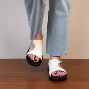 Genuine Leather Vacation Flat-Toe Sandals for Women - Side-Open Black Summer Shoes 2025, Lazy Chic Style