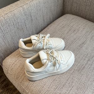 Genuine Leather White Sneakers for Women - 2025 Spring Korean Style Thick-Soled Round-Toe Lace-Up Casual Versatile Shoes