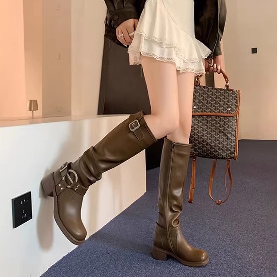 Genuine Leather Women's Knight Boots - Wrinkled Slouch Design, European & American Style Western Belt Buckle, Fashion Trendy Footwear