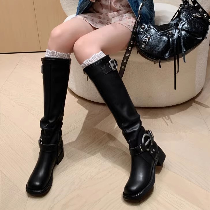 Genuine Leather Women's Knight Boots - Wrinkled Slouch Design, European & American Style Western Belt Buckle, Fashion Trendy Footwear