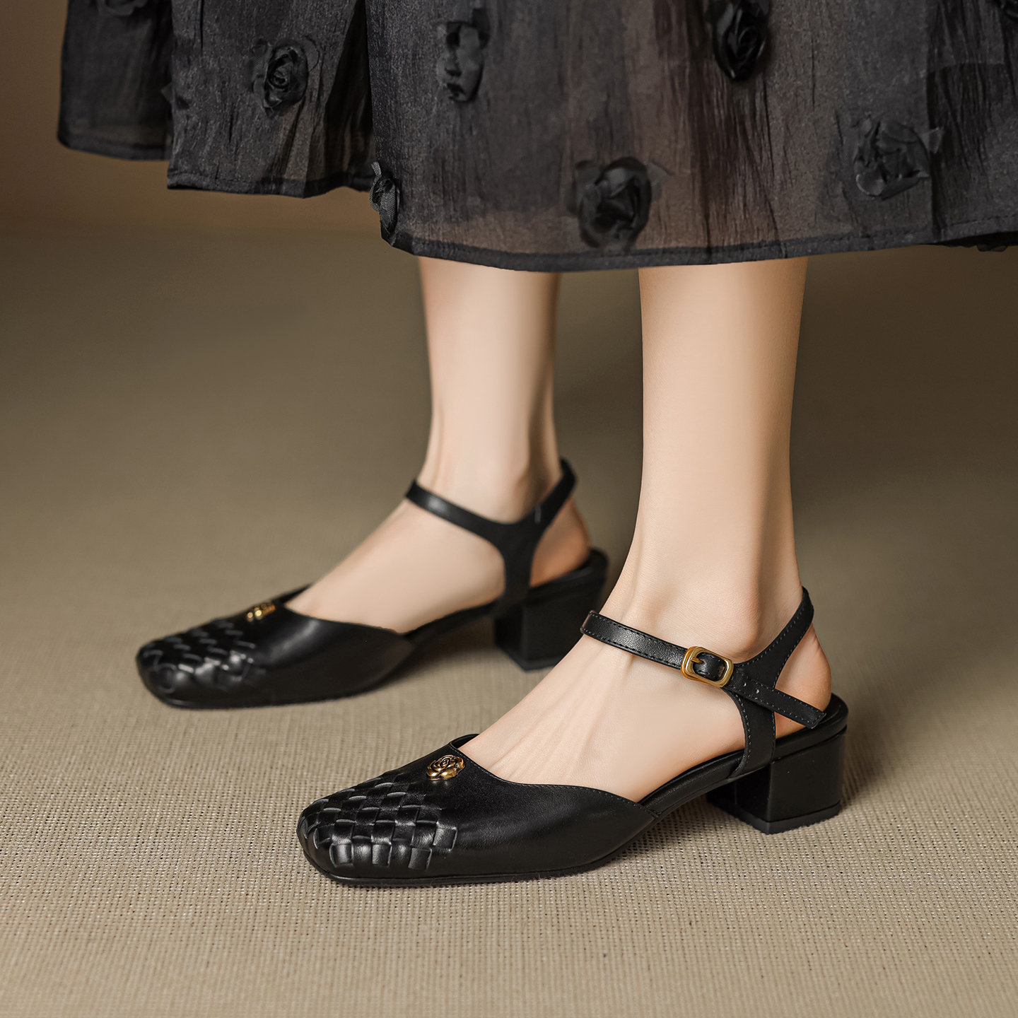 Genuine Leather Woven Camellia Sandals for Women - Vintage French Mid-Heel Closed-Toe Summer Shoes