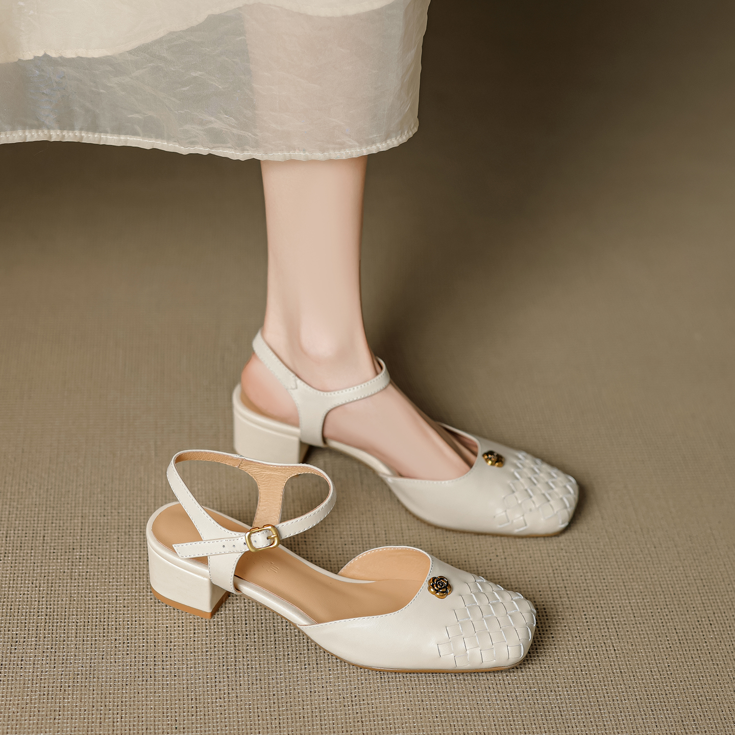 Genuine Leather Woven Camellia Sandals for Women - Vintage French Mid-Heel Closed-Toe Summer Shoes