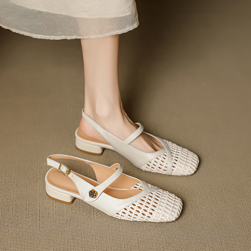 Genuine Leather Woven Camellia Sandals for Women - Vintage French Style Mid-Heel Closed Toe Summer Footwear