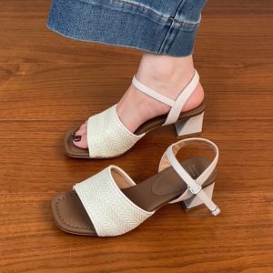 Genuine Leather Woven One-Strap Open-Toe Chunky Heel Sandals for Women - Vacation Style Mid-Heel Shoes for Summer 2025