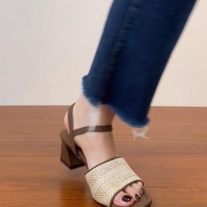 Genuine Leather Woven One-Strap Open-Toe Chunky Heel Sandals for Women - Vacation Style Mid-Heel Shoes for Summer 2025