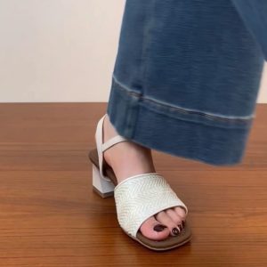 Genuine Leather Woven One-Strap Open-Toe Chunky Heel Sandals for Women - Vacation Style Mid-Heel Shoes for Summer 2025