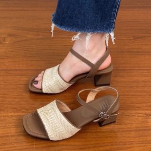 Genuine Leather Woven One-Strap Open-Toe Chunky Heel Sandals for Women - Vacation Style Mid-Heel Shoes for Summer 2025