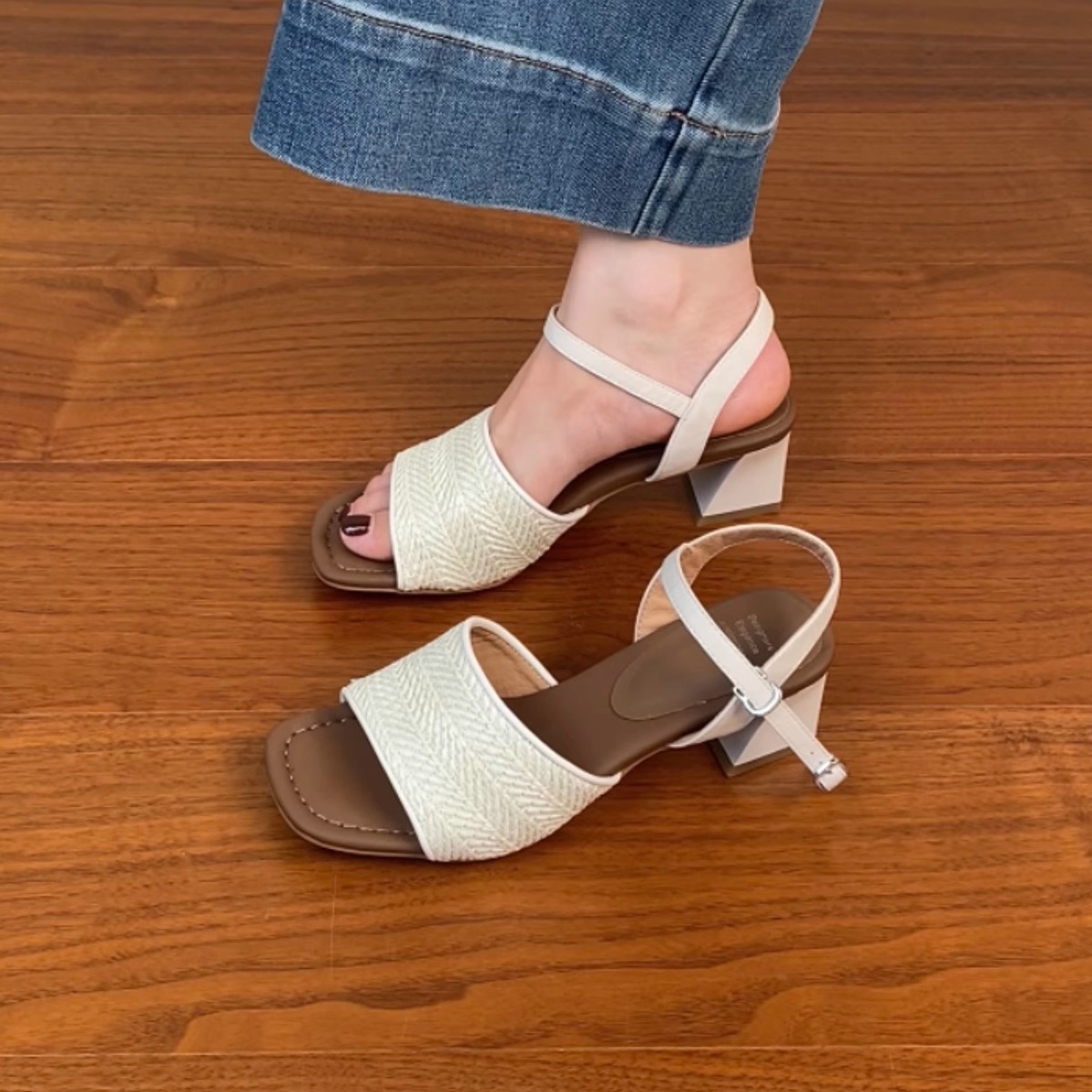 Genuine Leather Woven One-Strap Open-Toe Chunky Heel Sandals for Women - Vacation Style Mid-Heel Shoes for Summer 2025