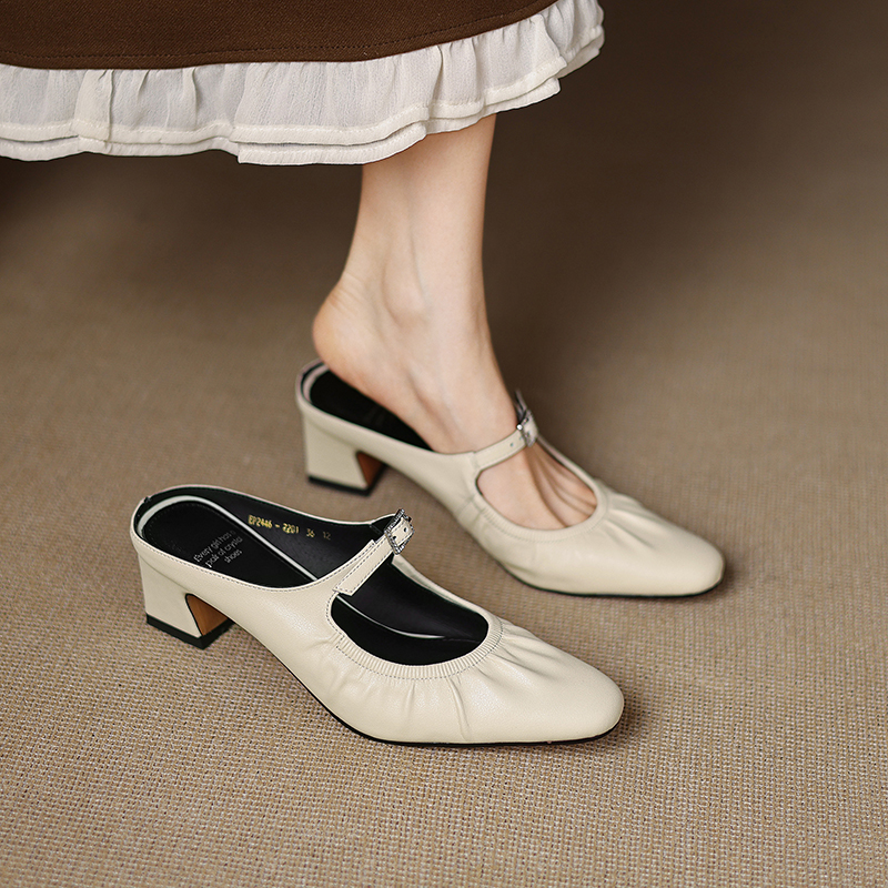 Genuine Soft Leather Mary Jane Half Slippers for Women with Chunky High Heels - Italian Corso Venezia Style