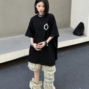 Geometric Print Black Short-Sleeve T-Shirt for Couples - American Street Style Loose Fit High Street Fashion