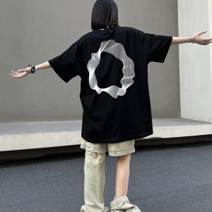 Geometric Print Black Short-Sleeve T-Shirt for Couples - American Street Style Loose Fit High Street Fashion