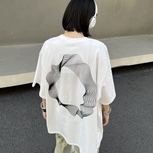 Geometric Print Black Short-Sleeve T-Shirt for Couples - American Street Style Loose Fit High Street Fashion