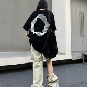 Geometric Print Black Short-Sleeve T-Shirt for Couples - American Street Style Loose Fit High Street Fashion