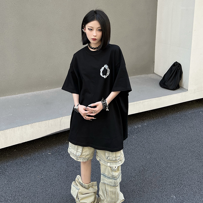 Geometric Print Black Short-Sleeve T-Shirt for Couples - American Street Style Loose Fit High Street Fashion