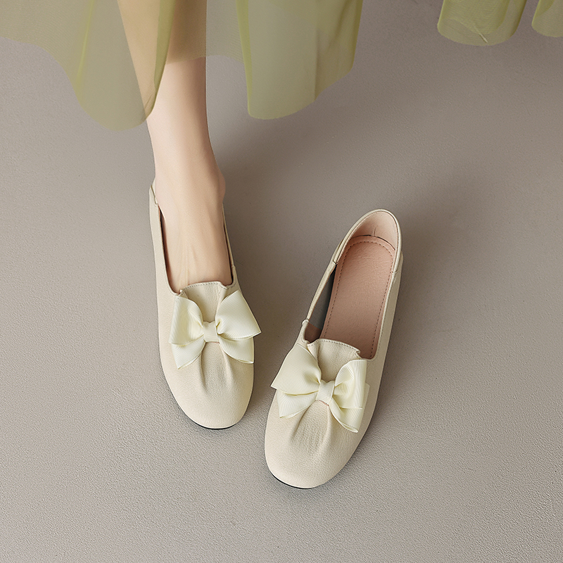 Giant Soft French Genuine Leather Women's Ballet Flats with Gentle Bow - Artistic Two-Way Design for Comfortable Everyday Style