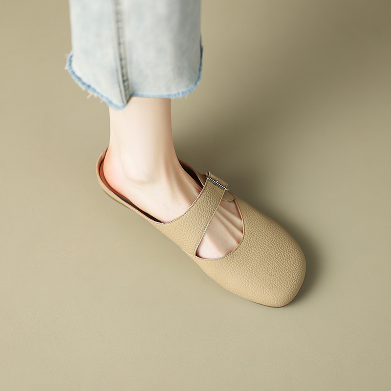 Giant Soft Genuine Leather Open-Toe Half-Slip Women's Outdoor One-Strap Flat Mule Slippers for Summer Comfort