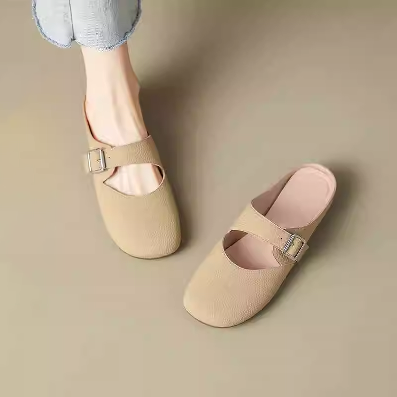 Giant Soft Genuine Leather Open-Toe Half-Slip Women's Outdoor One-Strap Flat Mule Slippers for Summer Comfort
