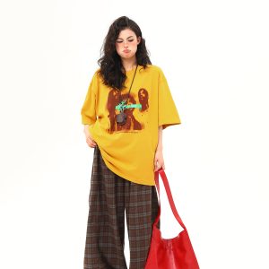 Ginger Yellow Retro Printed Short Sleeve T-Shirt for Women, Trendy Loose Fit Casual Tee, Summer 2025 Fashion