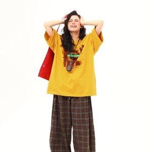 Ginger Yellow Retro Printed Short Sleeve T-Shirt for Women, Trendy Loose Fit Casual Tee, Summer 2025 Fashion