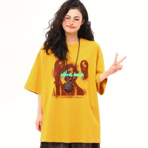 Ginger Yellow Retro Printed Short Sleeve T-Shirt for Women, Trendy Loose Fit Casual Tee, Summer 2025 Fashion