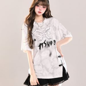 Girls' American-Style Butterfly Patchwork Embroidered Split Short Sleeve T-Shirt - Summer Loose Slimming Top