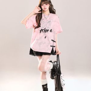 Girls' American-Style Butterfly Patchwork Embroidered Split Short Sleeve T-Shirt - Summer Loose Slimming Top