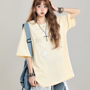 Girls' American Style Star Print Short Sleeve T-Shirt, Unique Summer Design, Loose Fit, Trendy Casual Wear