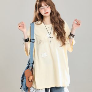 Girls' American Style Star Print Short Sleeve T-Shirt, Unique Summer Design, Loose Fit, Trendy Casual Wear