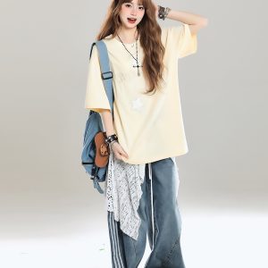 Girls' American Style Star Print Short Sleeve T-Shirt, Unique Summer Design, Loose Fit, Trendy Casual Wear