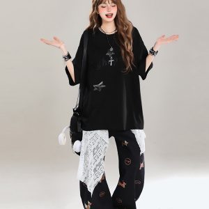 Girls' American Style Star Print Short Sleeve T-Shirt, Unique Summer Design, Loose Fit, Trendy Casual Wear