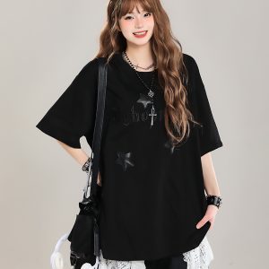 Girls' American Style Star Print Short Sleeve T-Shirt, Unique Summer Design, Loose Fit, Trendy Casual Wear