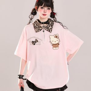 Girls' College Style Hello Kitty Polo Short Sleeve T-Shirt - Summer 2025 Casual Loose Top with Y2K Vibe