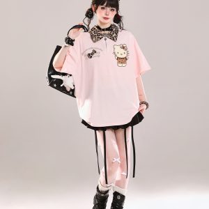 Girls' College Style Hello Kitty Polo Short Sleeve T-Shirt - Summer 2025 Casual Loose Top with Y2K Vibe