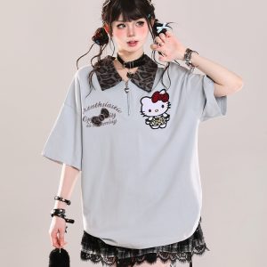 Girls' College Style Hello Kitty Polo Short Sleeve T-Shirt - Summer 2025 Casual Loose Top with Y2K Vibe