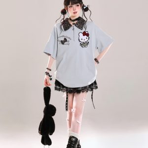Girls' College Style Hello Kitty Polo Short Sleeve T-Shirt - Summer 2025 Casual Loose Top with Y2K Vibe