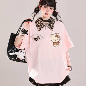 Girls' College Style Hello Kitty Polo Short Sleeve T-Shirt - Summer 2025 Casual Loose Top with Y2K Vibe