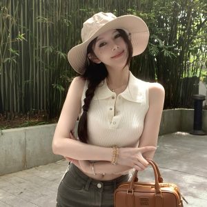 Girl's Morning Sleeveless Vest Women's Summer Polo Collar Top - Versatile Casual Outerwear for Stylish Summer Looks