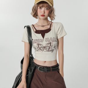 Girly Round Neck Short Sleeve T-Shirt for Women - Summer Slim Fit Fake Two-Piece Top, Casual Style