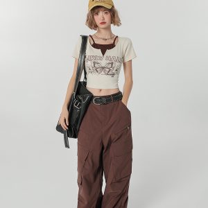 Girly Round Neck Short Sleeve T-Shirt for Women - Summer Slim Fit Fake Two-Piece Top, Casual Style