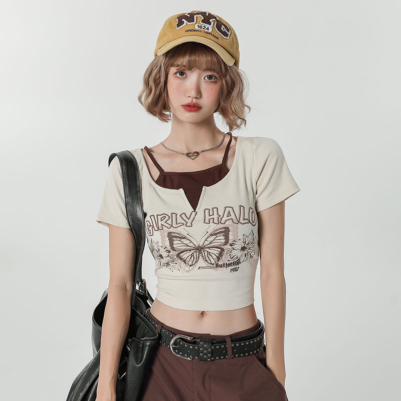 Girly Round Neck Short Sleeve T-Shirt for Women - Summer Slim Fit Fake Two-Piece Top, Casual Style