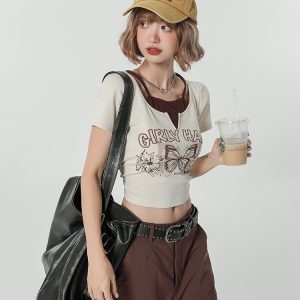 Girly Round Neck Short Sleeve T-Shirt for Women - Summer Slim Fit Fake Two-Piece Top, Casual Style